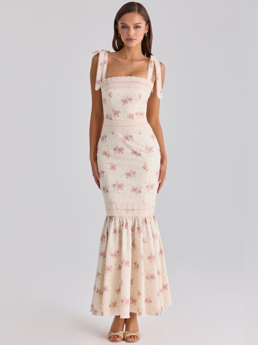 House of CB ALESSINA Ivory Vintage Rose Print Cotton + Lace Maxi Dress NWOT